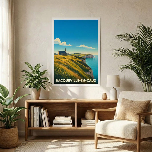 Affiche souvenir de la ville de Bacqueville-en-Caux avec une illustration stylisée de ses falaises et de son église.