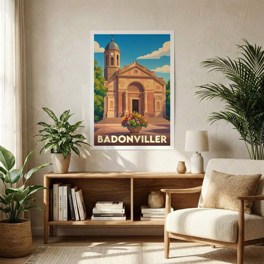 Affiche souvenir de la ville de Badonviller représentant son église dans un style graphique rétro.