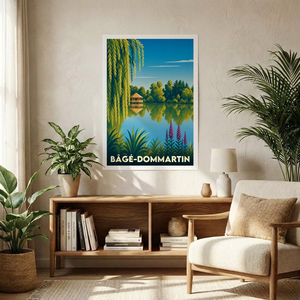 Affiche souvenir de la commune de Bâgé-Dommartin illustrant un paysage de lac paisible dans un style graphique rétro.