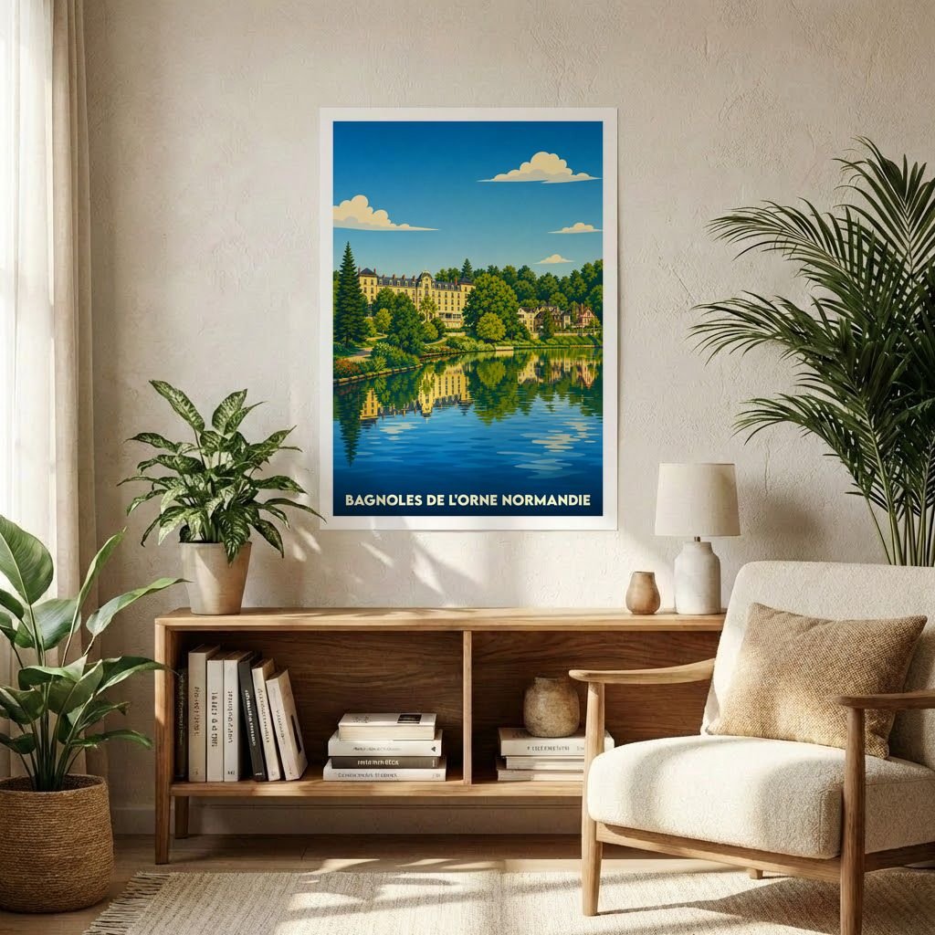 Affiche souvenir de la ville de Bagnoles de l'Orne Normandie avec une illustration stylisée d'un lac et de son architecture.