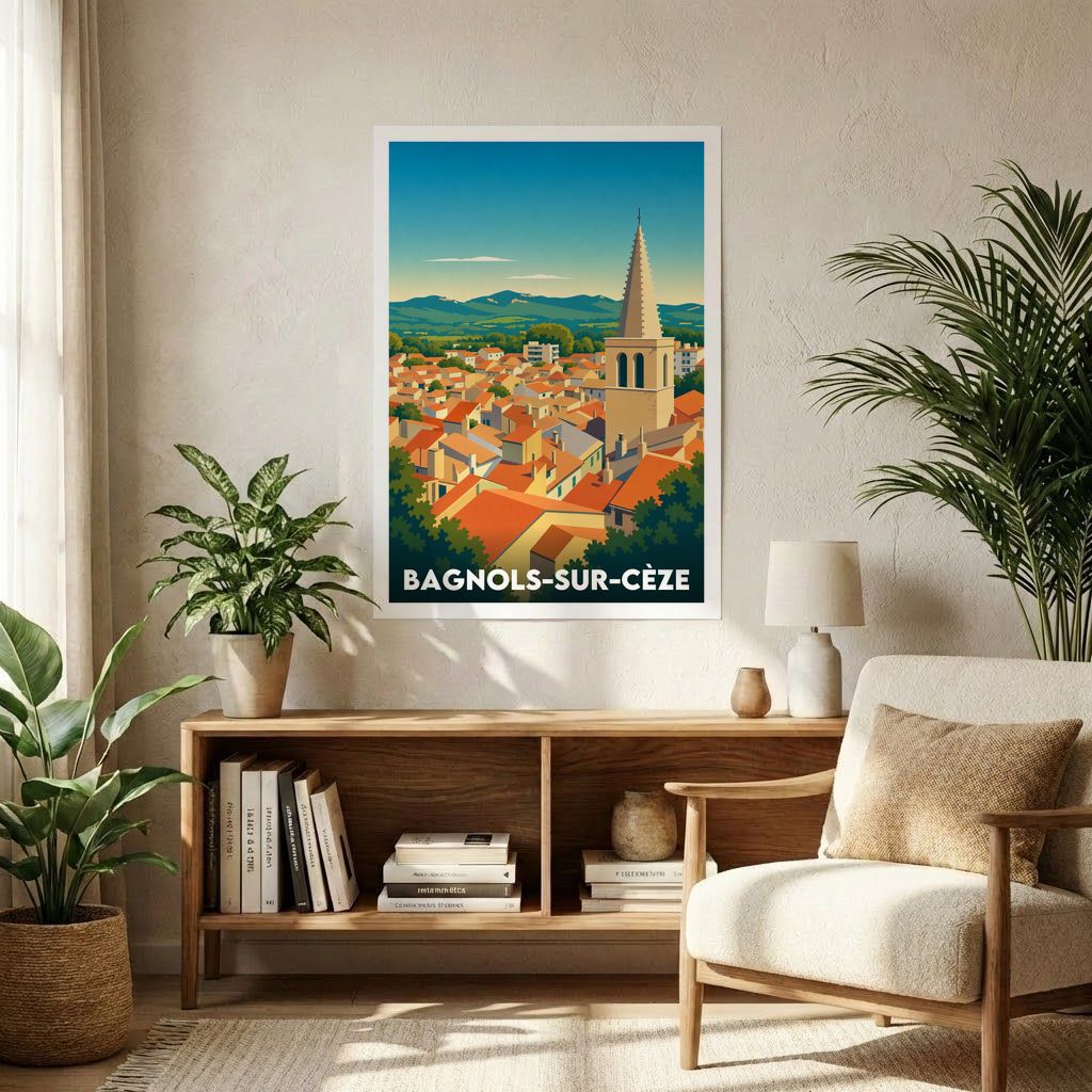 Affiche souvenir de la ville de Bagnols-sur-Cèze avec une illustration stylisée de ses toits et de son clocher.
