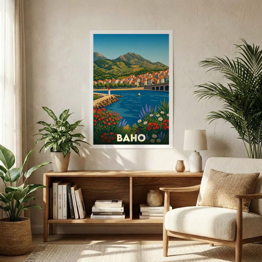 Affiche souvenir de la ville de Baho avec une illustration stylisée de son paysage côtier et montagneux.