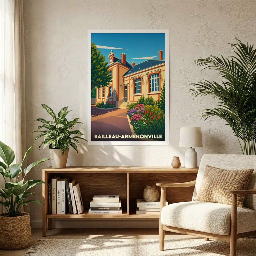 Affiche souvenir de la ville de Bailleau-Armenonville avec une illustration stylisée d'un bâtiment historique et de jardins fleuris.