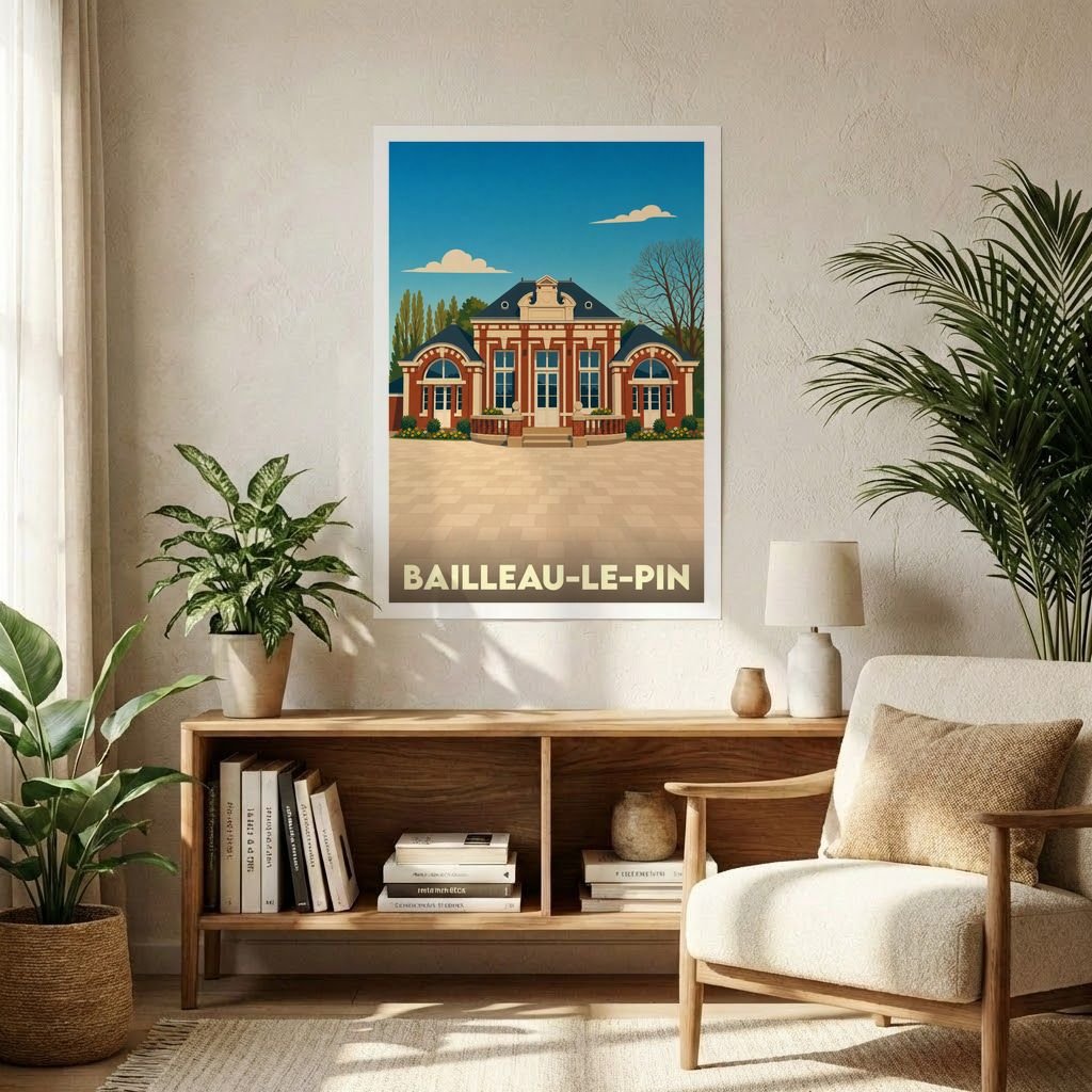 Affiche souvenir de la ville de Bailleau-le-Pin avec une illustration stylisée de son architecture.