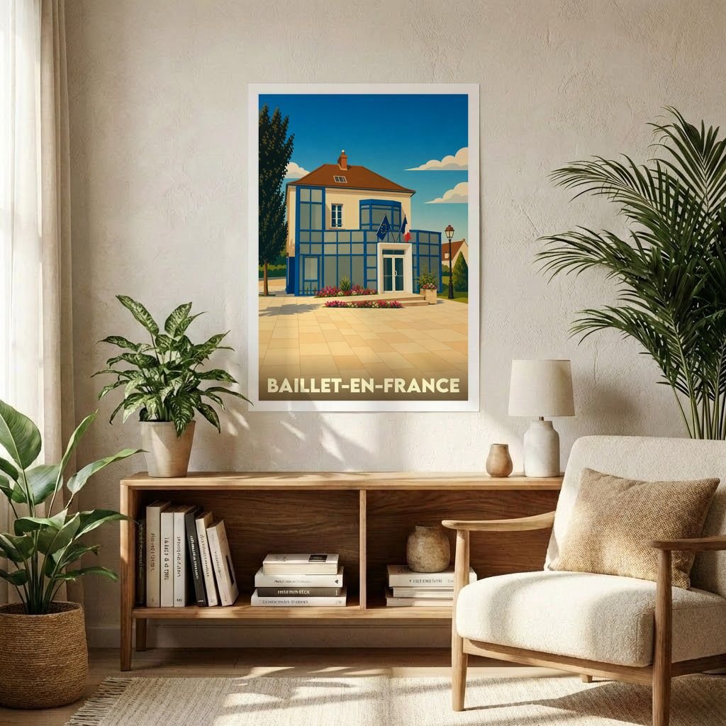 Affiche souvenir de la ville de Baillet-en-France avec une illustration stylisée de sa mairie.