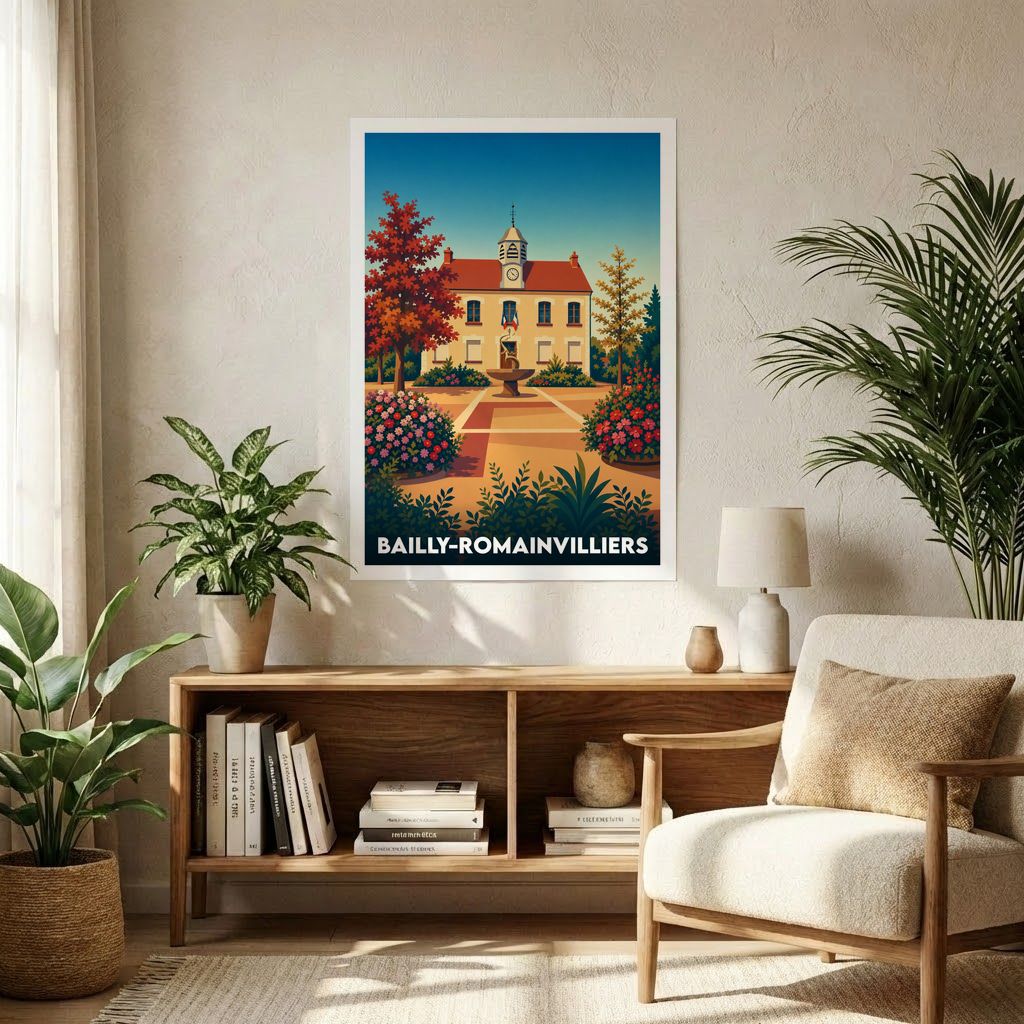 Affiche souvenir de la ville de Bailly-Romainvilliers avec une illustration stylisée de son hôtel de ville et de ses jardins.