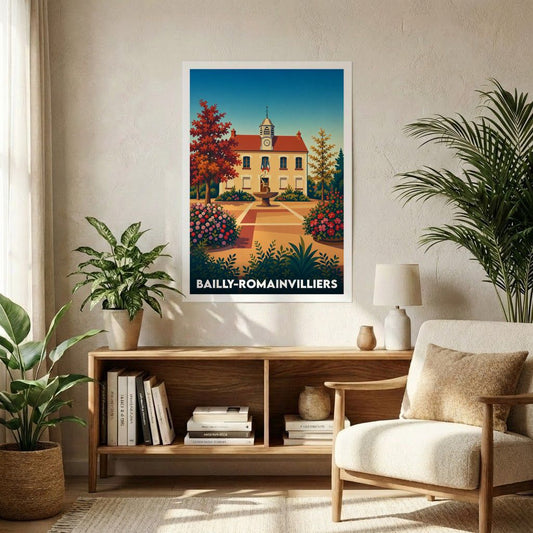 Affiche souvenir de la ville de Bailly-Romainvilliers avec une illustration stylisée de son hôtel de ville et de ses jardins.