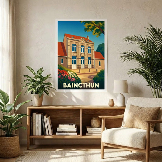 Affiche souvenir de la ville de Baincthun avec une illustration stylisée et colorée de la mairie.