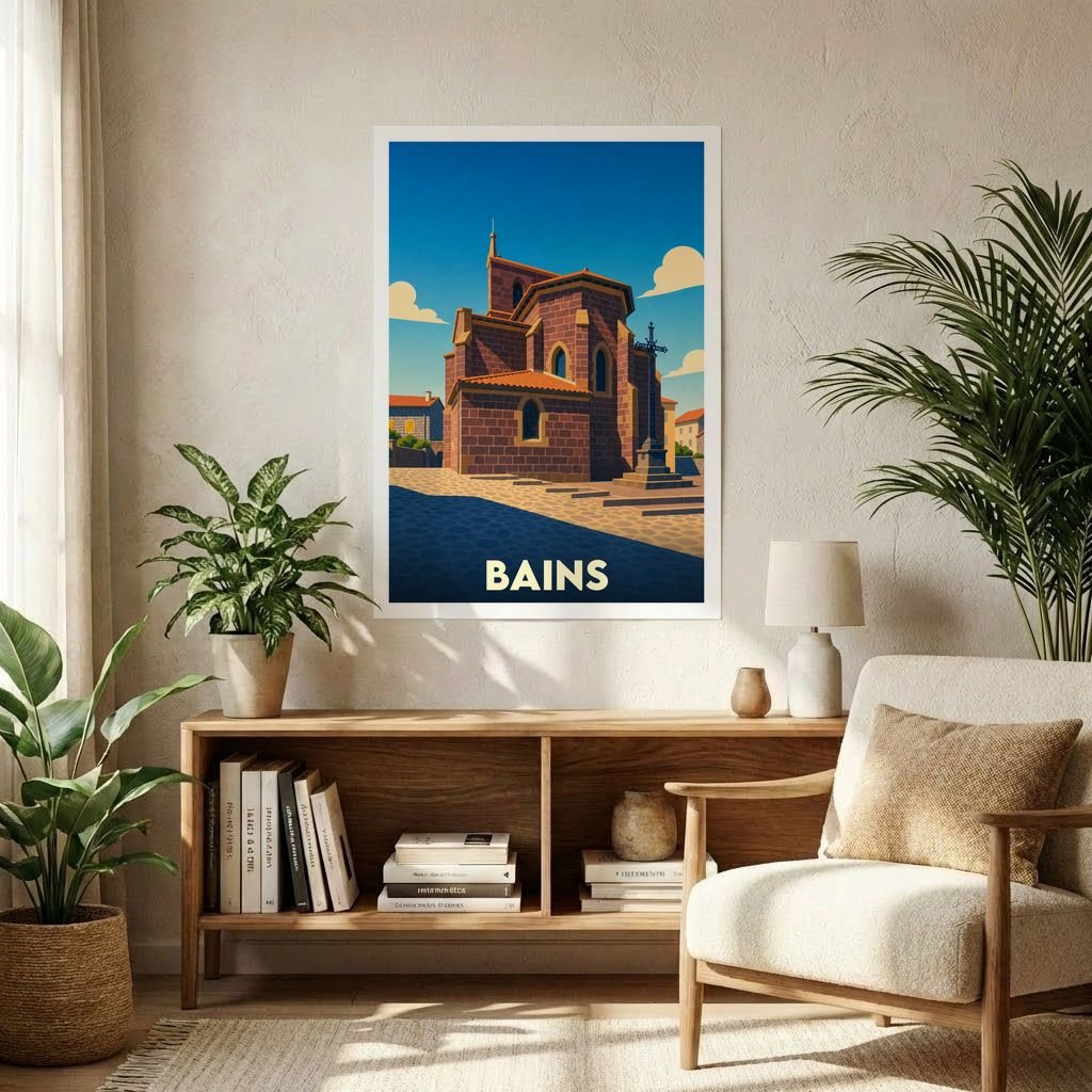 Affiche souvenir de la ville de Bains avec une illustration stylisée de son église en briques sous un ciel bleu.