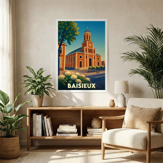 Affiche souvenir de la ville de Baisieux présentant une illustration colorée et stylisée de son église.