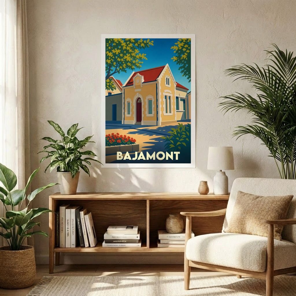Affiche souvenir de la ville de Bajamont avec une illustration stylisée d'une maison ensoleillée.