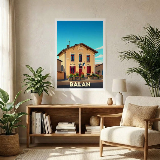 Affiche souvenir de la ville de Balan représentant son hôtel de ville dans un style graphique épuré et coloré.