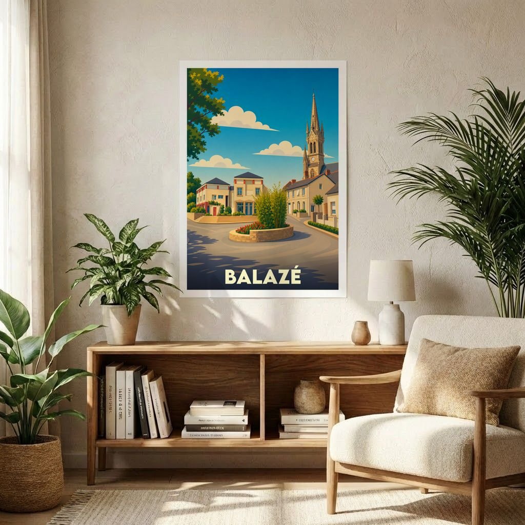 Affiche souvenir de la ville de Balazé avec une illustration stylisée et colorée de son centre-bourg.