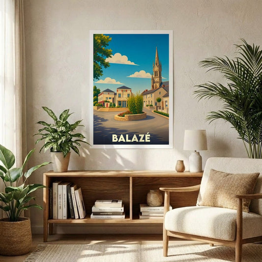 Affiche souvenir de la ville de Balazé avec une illustration stylisée et colorée de son centre-bourg.