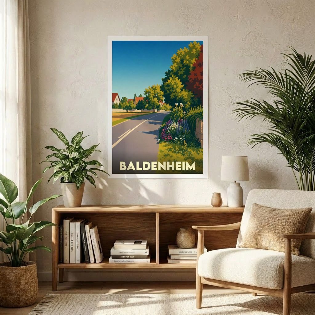 Affiche souvenir de la ville de Baldenheim présentant une illustration stylisée d'une route de campagne fleurie.