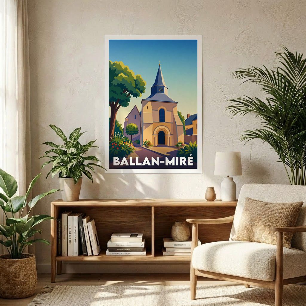 Affiche souvenir de la ville de Ballan-Miré représentant une église dans un style graphique épuré.