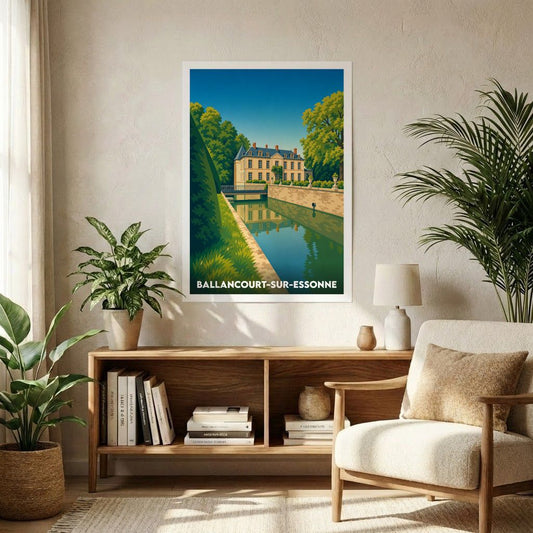 Affiche souvenir de la ville de Ballancourt-sur-Essonne avec une illustration stylisée d'un château au bord de l'eau.