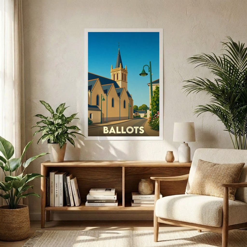 Affiche souvenir de la ville de Ballots avec une illustration stylisée de son église sous un ciel bleu.