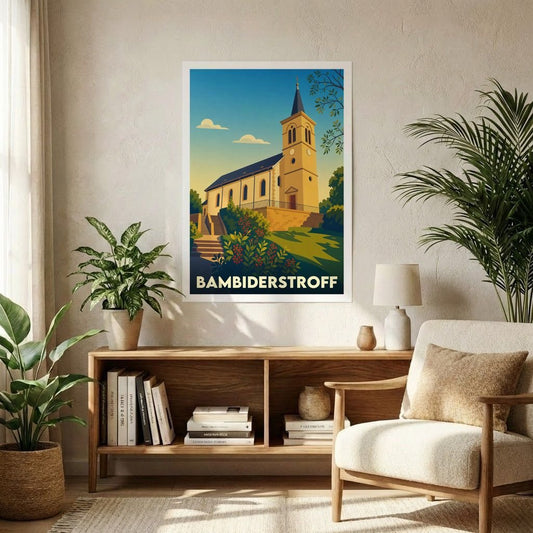 Affiche souvenir de la ville de Bambiderstroff avec une illustration stylisée d'une église sur une colline.