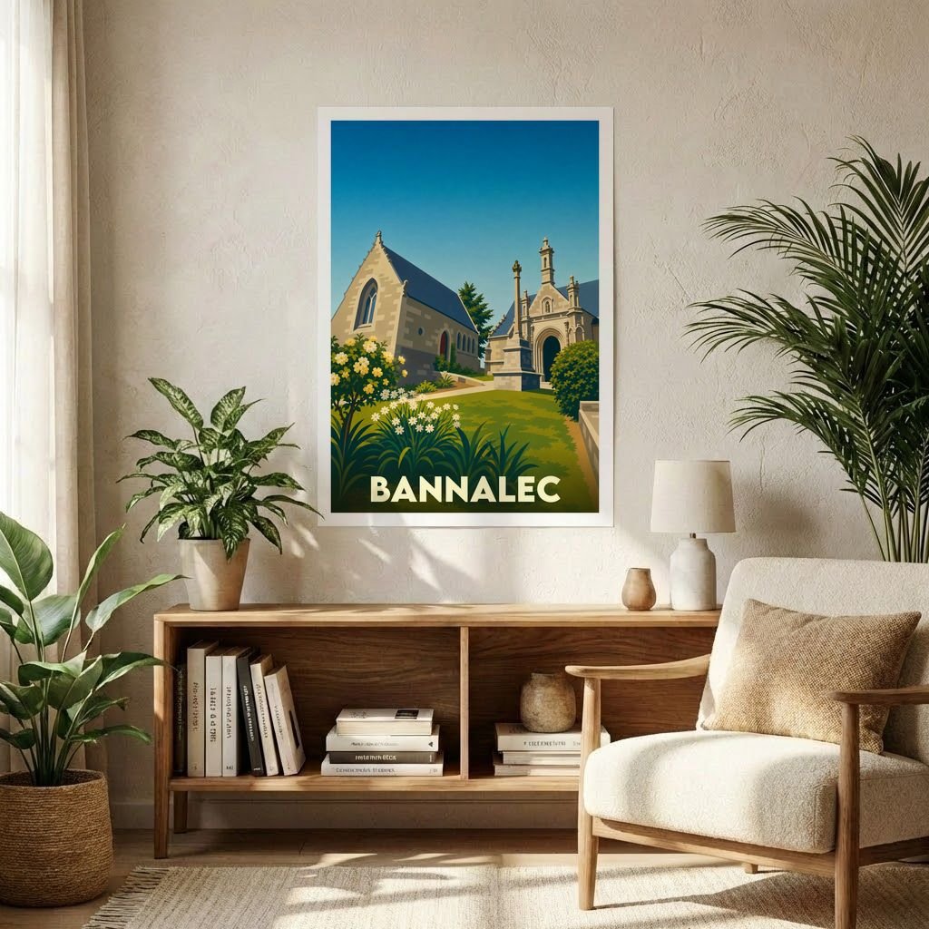 Affiche souvenir de la ville de Bannalec représentant une illustration stylisée de son patrimoine architectural dans un cadre verdoyant.