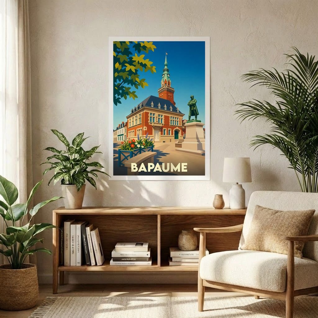 Affiche souvenir de la ville de Bapaume avec une illustration stylisée d'un monument historique sous un ciel bleu.