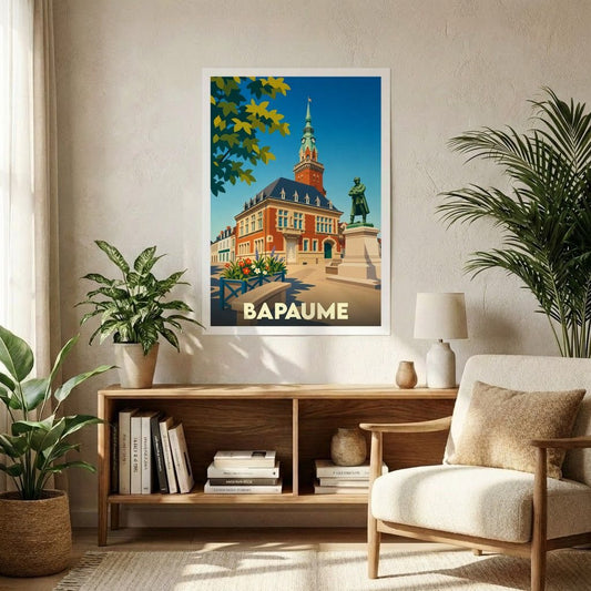 Affiche souvenir de la ville de Bapaume avec une illustration stylisée d'un monument historique sous un ciel bleu.