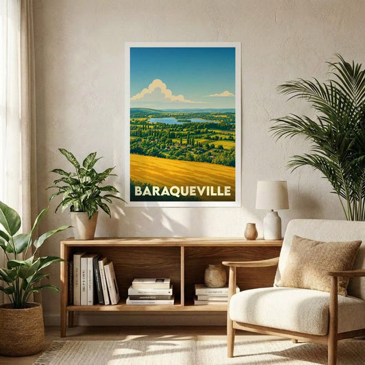Affiche souvenir de la ville de Baraqueville avec une illustration stylisée d'un paysage vallonné.