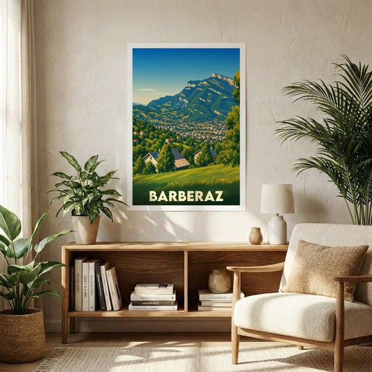 Affiche souvenir de la ville de Barberaz représentant un paysage montagneux dans un style graphique rétro.