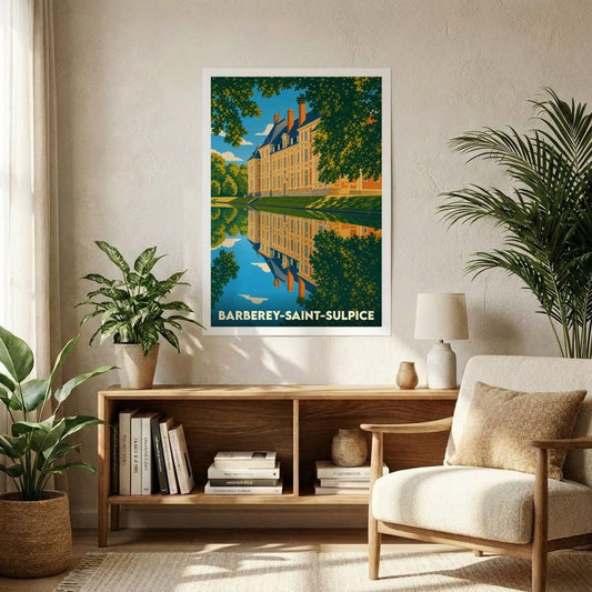 Affiche souvenir de la ville de Barberey-Saint-Sulpice avec une illustration stylisée d'un château se reflétant dans l'eau.