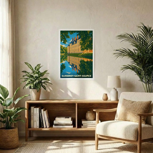 Affiche souvenir de la ville de Barberey-Saint-Sulpice avec une illustration stylisée du château et de son reflet dans l'eau.