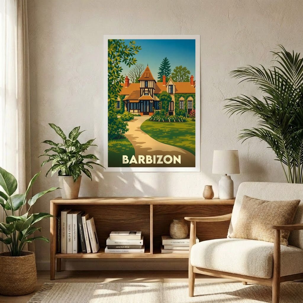 Affiche souvenir de la ville de Barbizon avec une illustration stylisée d'une maison de campagne et son jardin.