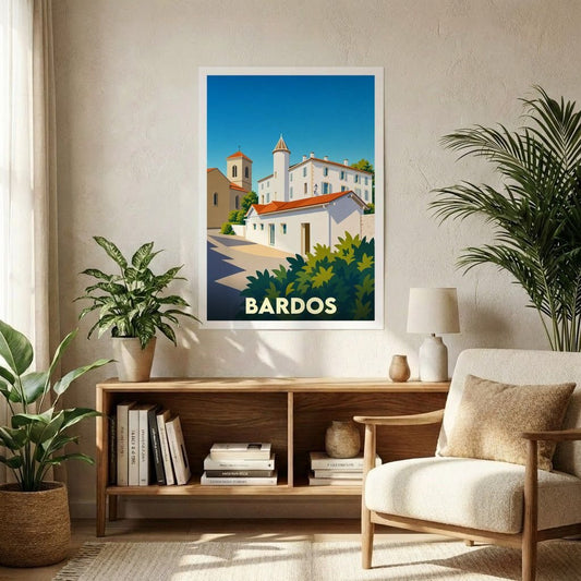 Affiche souvenir de la ville de Bardos avec une illustration stylisée de ses bâtiments emblématiques sous un ciel bleu.
