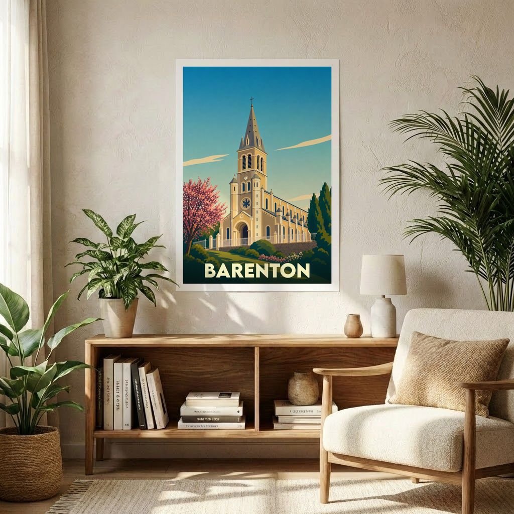 Affiche souvenir de la ville de Barenton représentant son église dans un style graphique rétro.