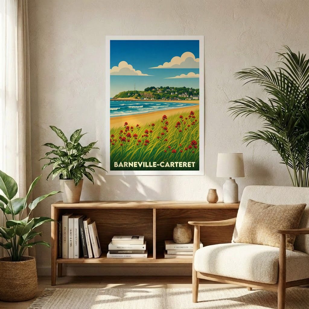 Affiche souvenir de la ville de Barneville-Carteret avec une illustration stylisée de sa côte.