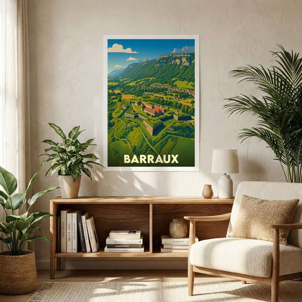 Affiche souvenir de la ville de Barraux illustrant son fort historique au cœur d'un paysage montagneux verdoyant.