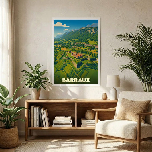 Affiche souvenir de la ville de Barraux illustrant son fort historique au cœur d'un paysage montagneux verdoyant.