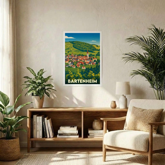Affiche souvenir de la ville de Bartenheim avec une illustration stylisée de son paysage vallonné.