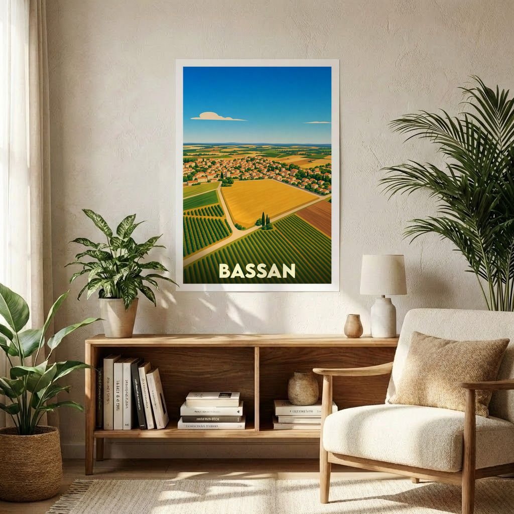 Affiche souvenir de la ville de Bassan représentant un paysage de vignobles et de champs dans un style graphique épuré.