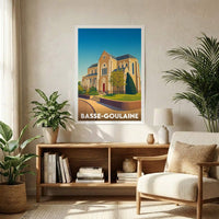 Affiche souvenir de la ville de Basse-Goulaine avec une illustration stylisée de son église.