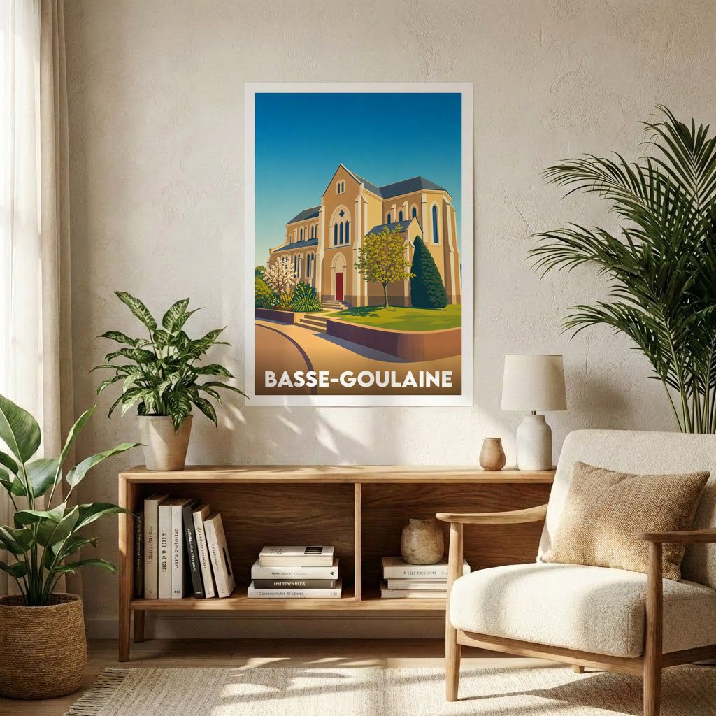 Affiche souvenir de la ville de Basse-Goulaine avec une illustration stylisée de son église.