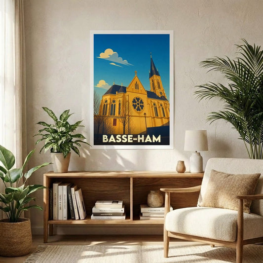 Affiche souvenir de la ville de Basse-Ham avec une illustration stylisée d'une église sous un ciel bleu.