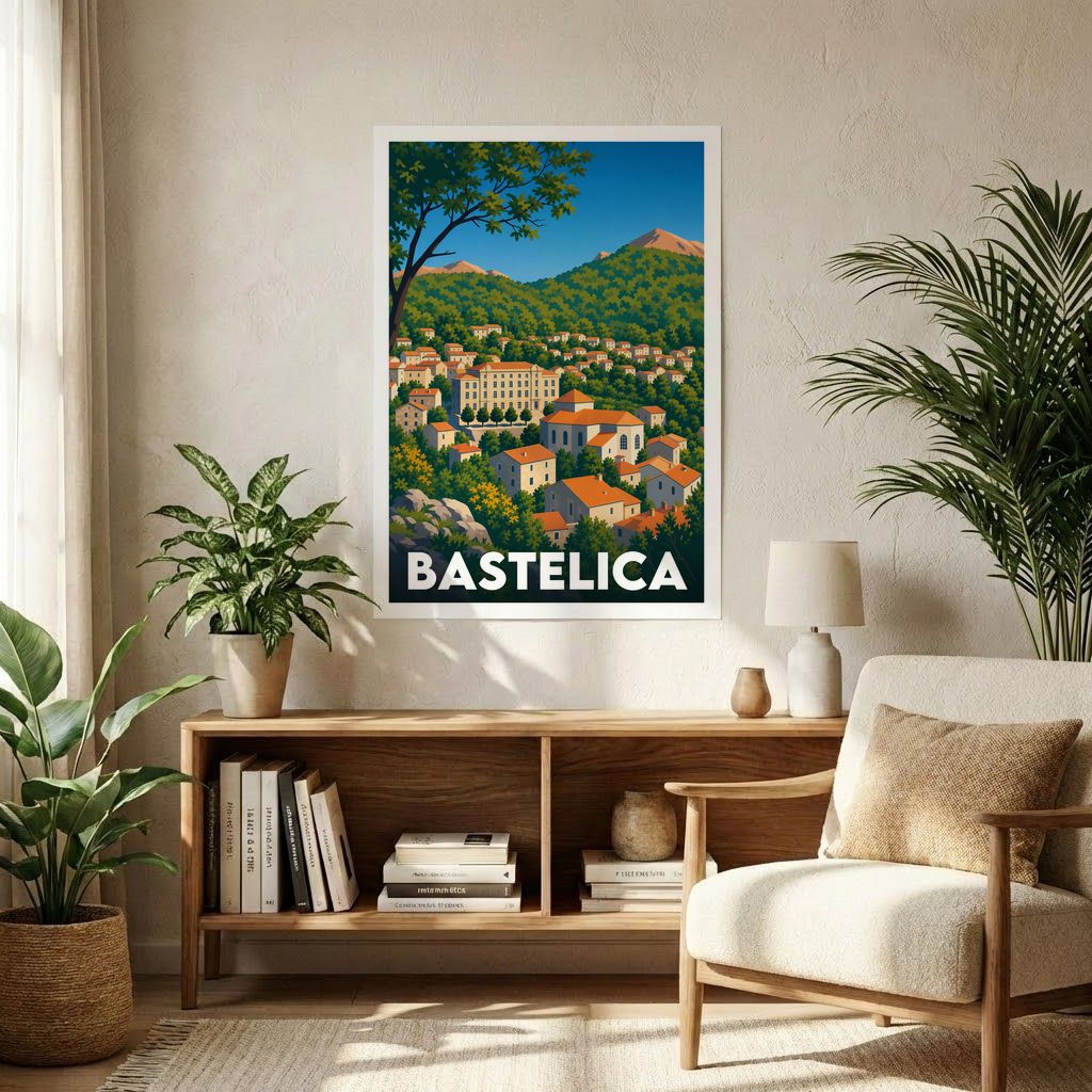 Affiche souvenir de la ville de Bastelica avec une illustration stylisée.