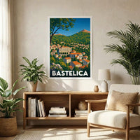 Affiche souvenir de la ville de Bastelica avec une illustration stylisée.