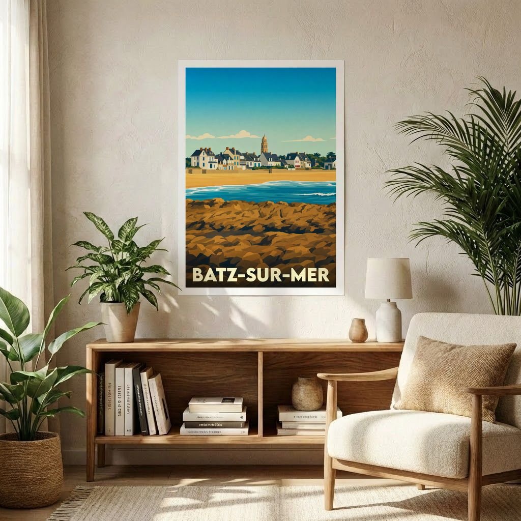 Affiche souvenir de la ville de Batz-sur-Mer avec une illustration stylisée du littoral et de son clocher.