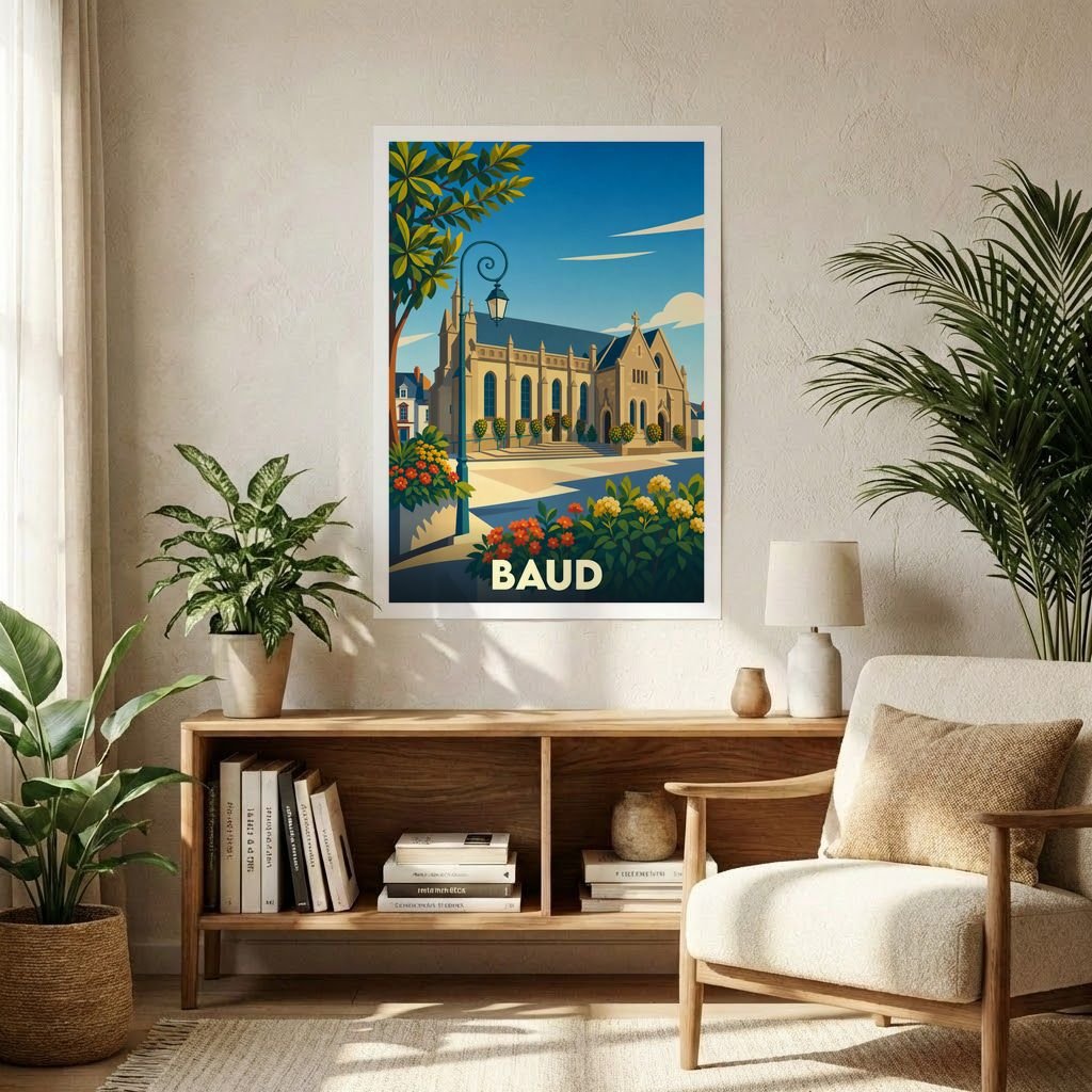 Affiche souvenir de la ville de Baud avec une illustration stylisée de son église et de ses jardins.