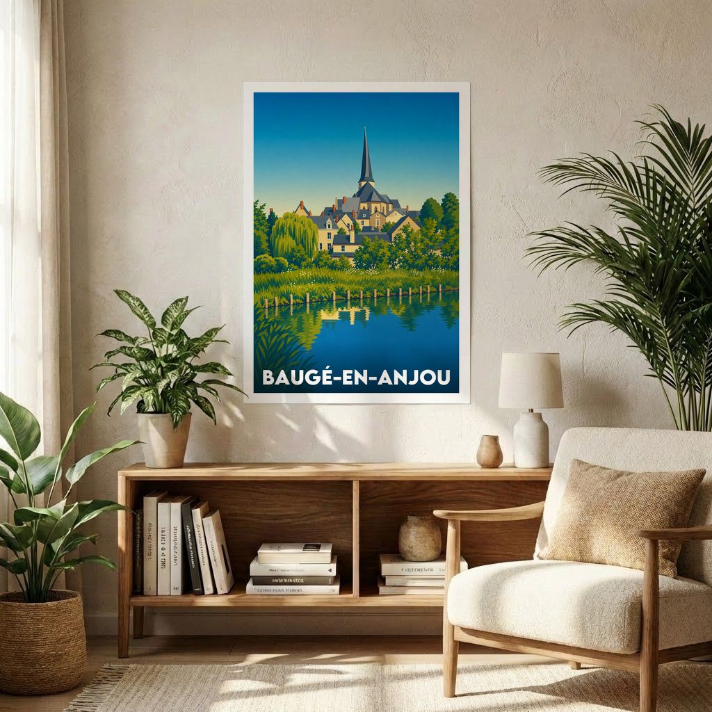 Affiche souvenir de la ville de Baugé-en-Anjou avec une illustration stylisée de son église et de son plan d'eau.