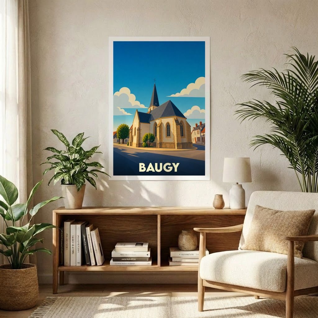 Affiche souvenir de la ville de Baugy représentant son église dans un style graphique épuré.