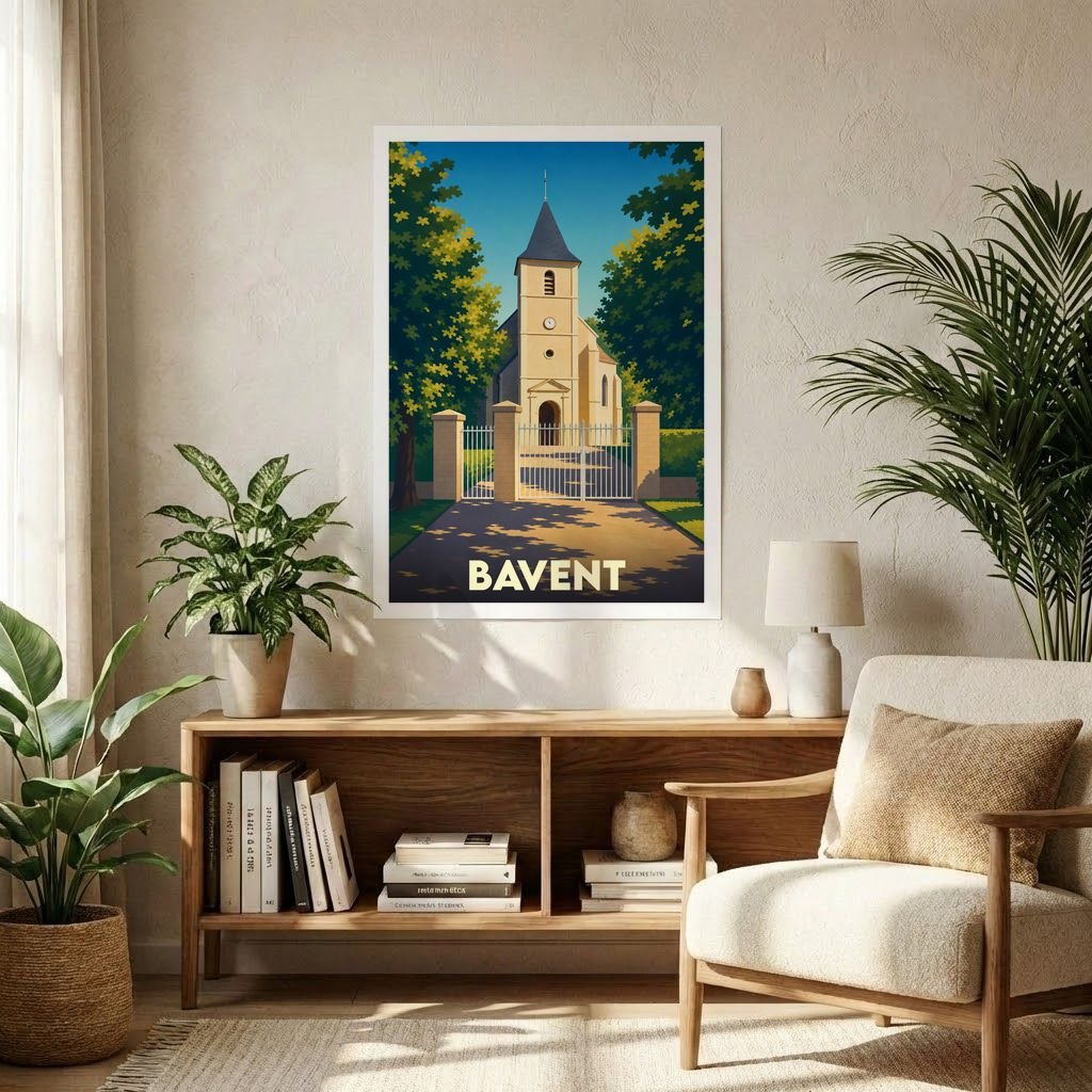 Affiche souvenir de la ville de Bavent avec une illustration stylisée de son église entourée de verdure.