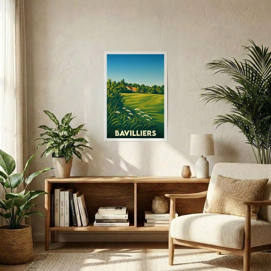 Affiche souvenir de la ville de Bavilliers avec une illustration stylisée d'un paysage champêtre.