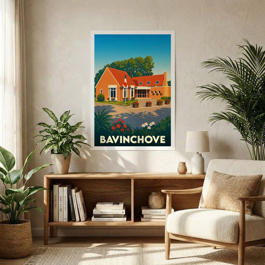 Affiche souvenir de la ville de Bavinchove avec une illustration stylisée d'un bâtiment typique.